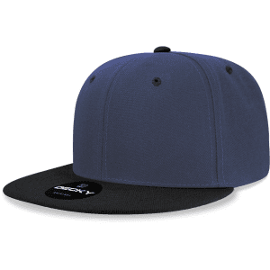 A structured snapback cap featuring a navy blue body and a black brim, with a logo on the front.