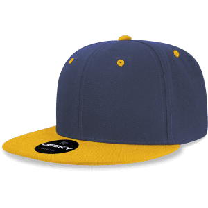 A structured snapback cap featuring a navy blue crown and a yellow brim, with a logo on the front.
