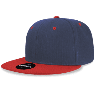 A structured snapback cap featuring a high profile design, in navy blue with a red brim and accent details.