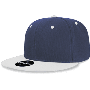 A structured snapback cap in navy blue with a white brim, featuring a logo on the front.