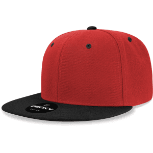 A red and black 6 panel high profile structured snapback hat with a logo on the front.