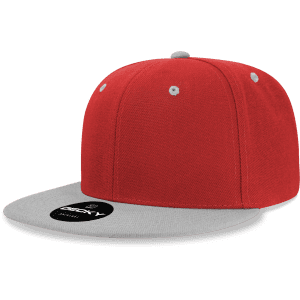 A red snapback hat with a structured high profile and a grey brim, featuring a logo on the front.