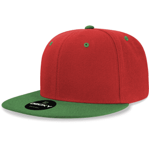 A red snapback cap with a green brim and a logo on the front. It features a high-profile structured design.