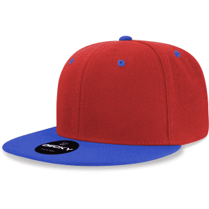 A red and blue 6-panel high profile structured snapback cap with a logo on the front.