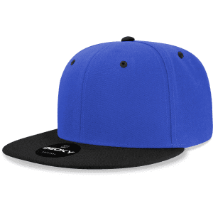 A structured snapback cap featuring a high-profile design, in bright blue with a black brim and a logo.