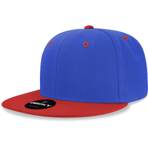 A blue and red 6-panel high profile structured snapback cap with a logo on the front.