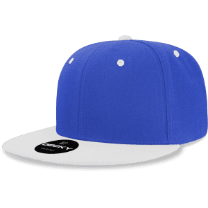 A high-profile structured snapback cap in blue with a white flat brim, featuring a logo on the front.