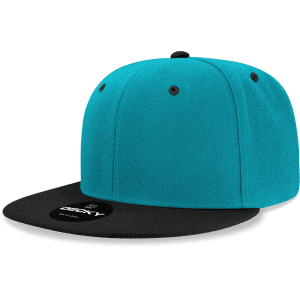 A high-profile snapback cap featuring a turquoise body and a black brim, with a logo on the front.