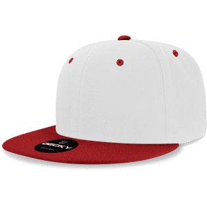 A high-profile structured snapback cap in white with a red brim and red detailing, featuring a logo on the underside.