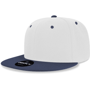 A high-profile structured snapback cap featuring a white body and a navy blue brim, with a logo on the underside.