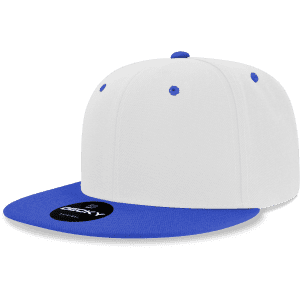 A high-profile structured snapback cap in white with a blue peak, featuring a logo on the front.