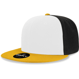 A structured snapback cap featuring a white front, black sides, and a vibrant yellow brim, with a logo on the front.