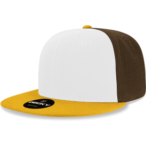A snapback cap featuring white, brown, and yellow panels, with a logo on the front.