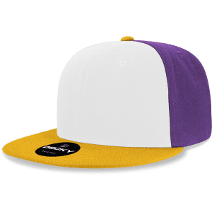 A structured snapback cap featuring a white front, purple side, and yellow brim, with a logo on the underside.