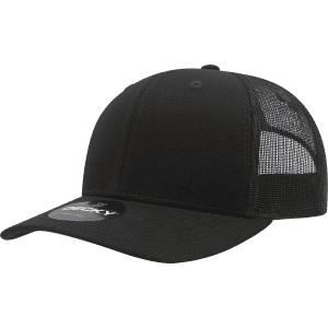 A black six-panel mid-profile structured trucker cap with a mesh back and a logo.