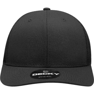 A black structured trucker cap with a mid-profile design and a logo on the front.