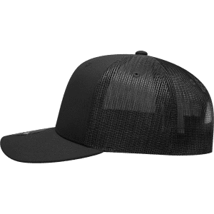 A black 6-panel mid-profile structured trucker cap with a mesh back and curved visor. Features a logo on the front.