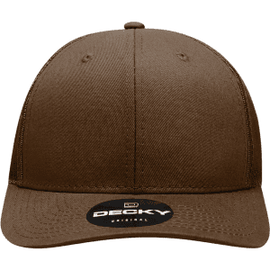 A brown structured trucker cap with a curved peak and a logo tag on the front.