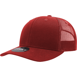 A red 6 panel mid profile structured trucker cap with a mesh back and a branded tag.