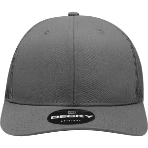 A grey 6-panel mid profile structured trucker cap with a branded tag on the front.