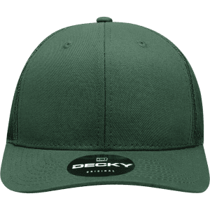 A green structured trucker cap featuring a mid-profile design and a logo on the front.