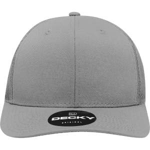 A grey six-panel mid-profile structured trucker cap with a logo on the front and a curved peak.
