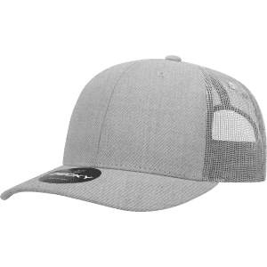 A grey six-panel mid profile structured trucker cap with a mesh back and a logo.