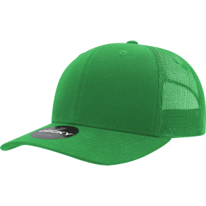 A green 6 panel mid profile structured trucker cap with mesh sides and a curved brim. It features a logo.