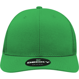 A green six-panel mid-profile structured trucker cap with a logo on the front.