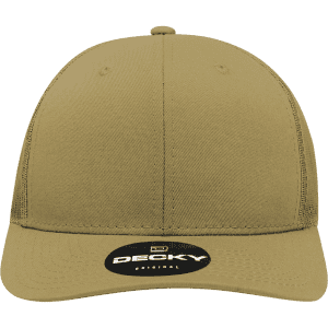 A structured trucker cap in khaki with a logo on the front. It has a six-panel design.