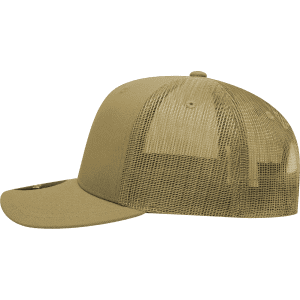A khaki 6 panel mid-profile structured trucker cap with a mesh back and a curved brim. Features a logo.
