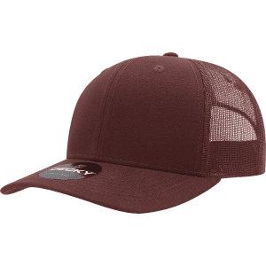 A maroon 6-panel mid-profile structured trucker cap with a mesh back and a logo.