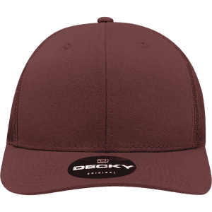 A maroon 6-panel mid-profile structured trucker cap with a branded logo on the front.