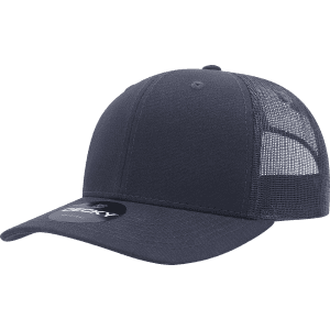 A navy blue structured trucker cap with a mesh back, featuring a curved brim and a logo.