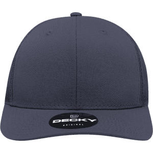 A navy blue 6-panel mid-profile structured trucker cap with a branded logo on the front.