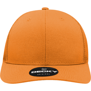 An orange six-panel mid-profile structured trucker cap featuring a branded logo on the front.