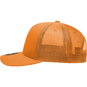 A mid-profile structured trucker cap in bright orange with a mesh back and a logo on the side.