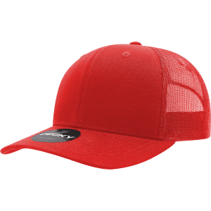 A red 6 panel mid-profile structured trucker cap with a mesh back and a circular logo on the brim.