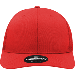 A red 6 panel mid profile structured trucker cap with a logo on the front.