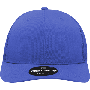 A blue 6-panel mid-profile structured trucker cap with a logo on the front.