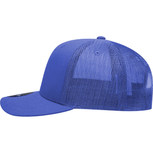 A blue mid-profile structured trucker cap with a mesh back. It features a curved brim and a logo.