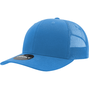 A blue 6 Panel Mid Profile Structured Trucker cap with a mesh back and a round logo.