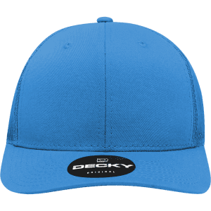 A blue 6-panel mid profile structured trucker cap with a branding logo on the front.