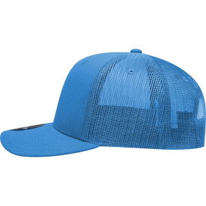 A blue 6 Panel Mid Profile Structured Trucker cap with a mesh back and a curved brim. It features a logo on the front.