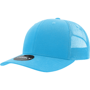 A structured trucker cap in bright blue with a mesh back and a circular logo on the front.