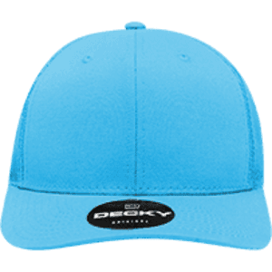 A light blue structured trucker cap with a rounded crown and a branded patch on the front.