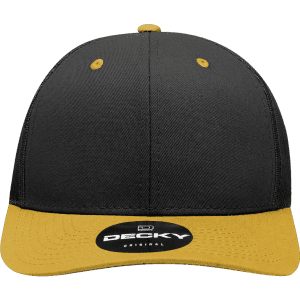 A black and yellow 6-panel mid-profile structured trucker cap with a logo on the front.