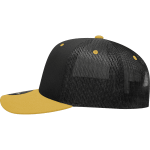 A black and yellow 6-panel mid-profile structured trucker cap with a mesh back and curved brim.