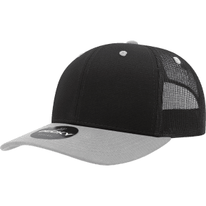 A black and grey 6-panel mid-profile structured trucker cap with a mesh back and a logo.
