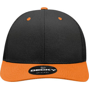 A structured six-panel trucker cap featuring a black and orange colour scheme and a logo on the front.